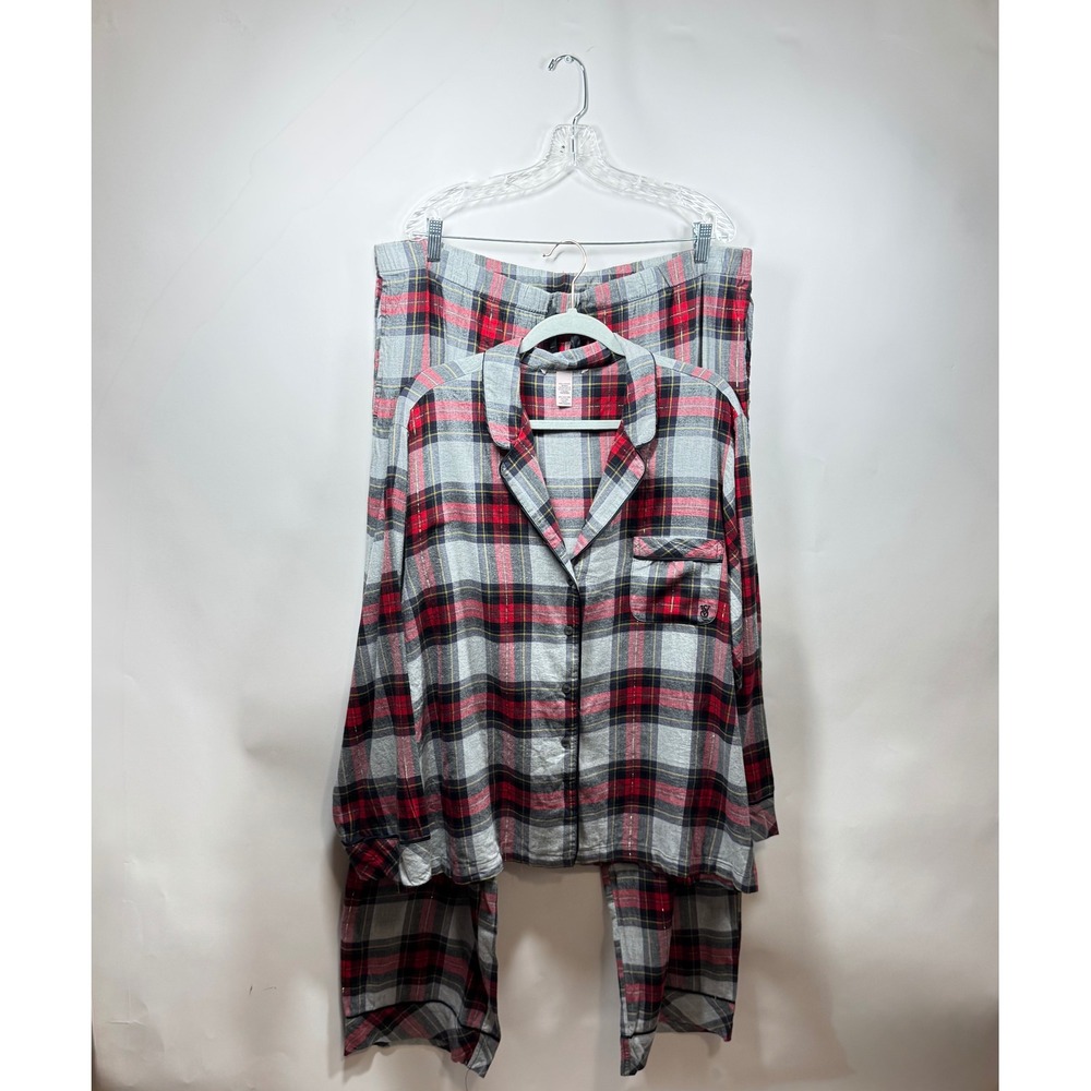 Victoria's Secret Plaid Flannel Pajama Set Red Grey Metallic XXL 2 Piece PJ